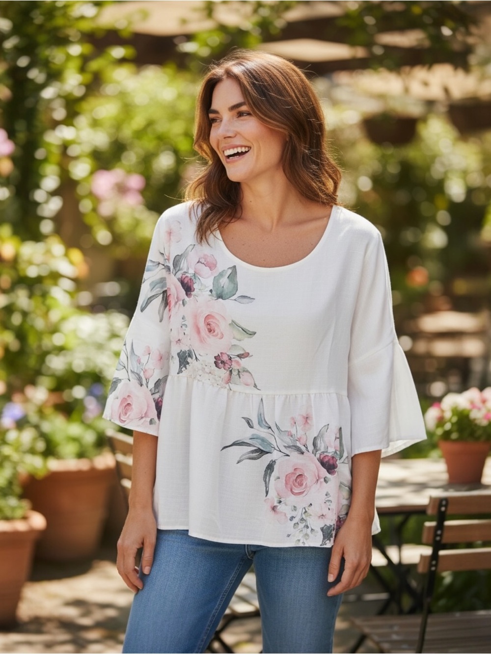 Women’s White Floral Peplum Blouse with Scoop Neck